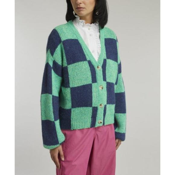 Stine Goya Green/Navy Amara Checker Board Cardigan Sweater Size Small Button Up - Picture 1 of 10